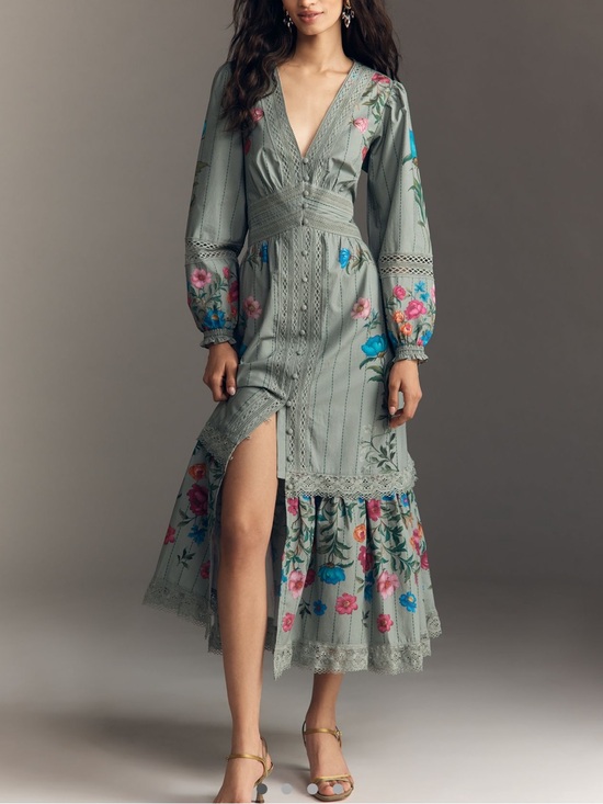 Anthropologie Dresses & Skirts - Anthropologie V-Neck Button Front Midi Dress New Small Sage Green Floral
